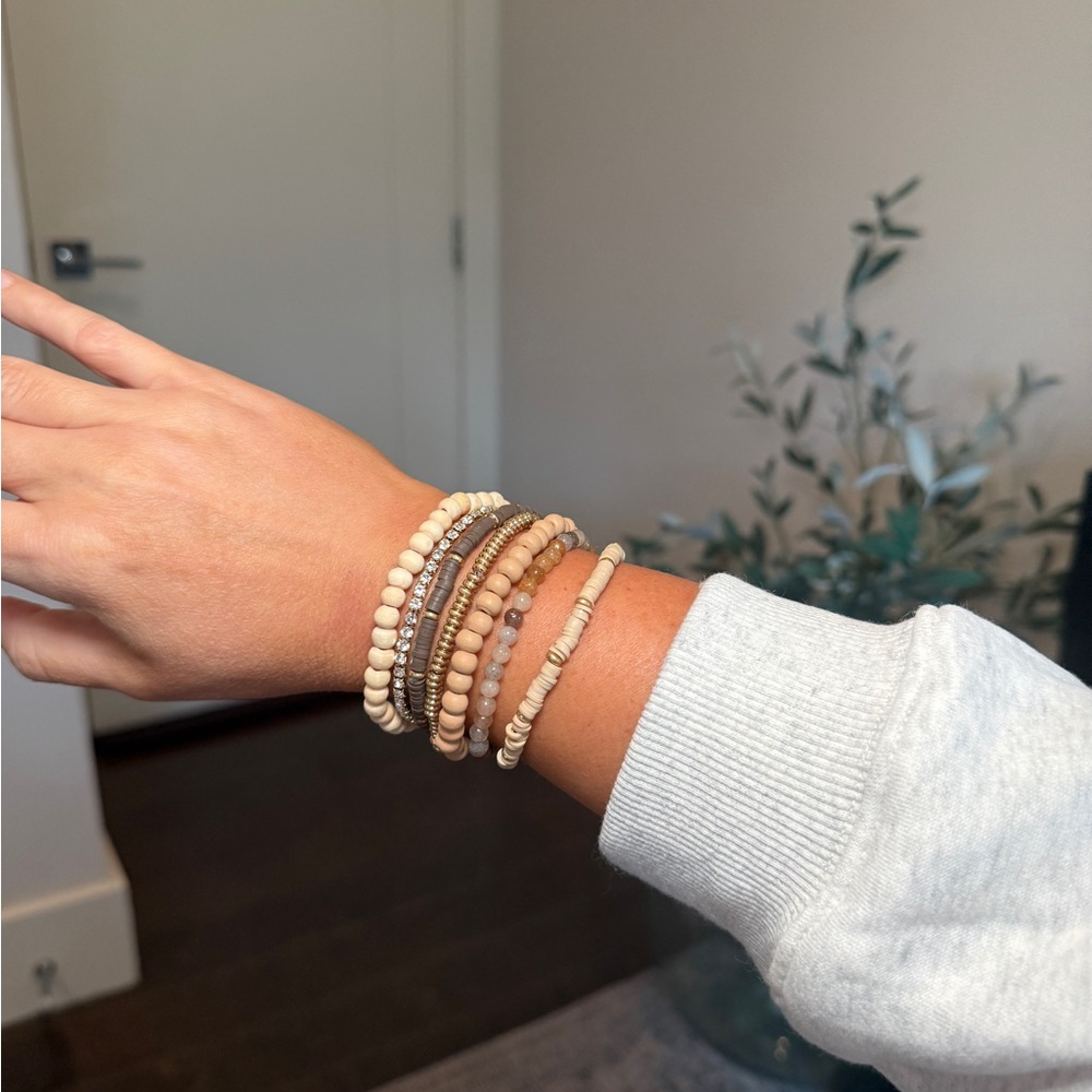 Beaded Bracelet Stack of Neutral, Gold & Sparkle- Stack of 7